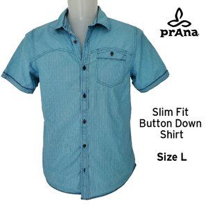 PRANA Slim Fit Turquoise 100% ORGANIC COTTON Button Down Stripe Pattern Size L